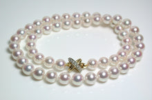 Load image into Gallery viewer, 7.5-8mm Akoya pearl necklace, 9ct gold &amp; diamond Tiffany X style clasp