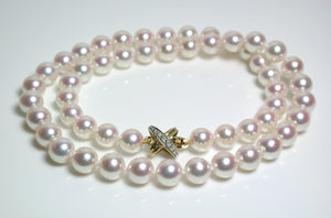 7.5-8mm Akoya pearl necklace, 9ct gold & diamond Tiffany X style clasp