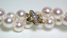 Load image into Gallery viewer, 7.5-8mm Akoya pearl necklace, 9ct gold &amp; diamond Tiffany X style clasp