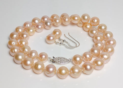 9mm peach pearl, sterling silver necklace & earrings