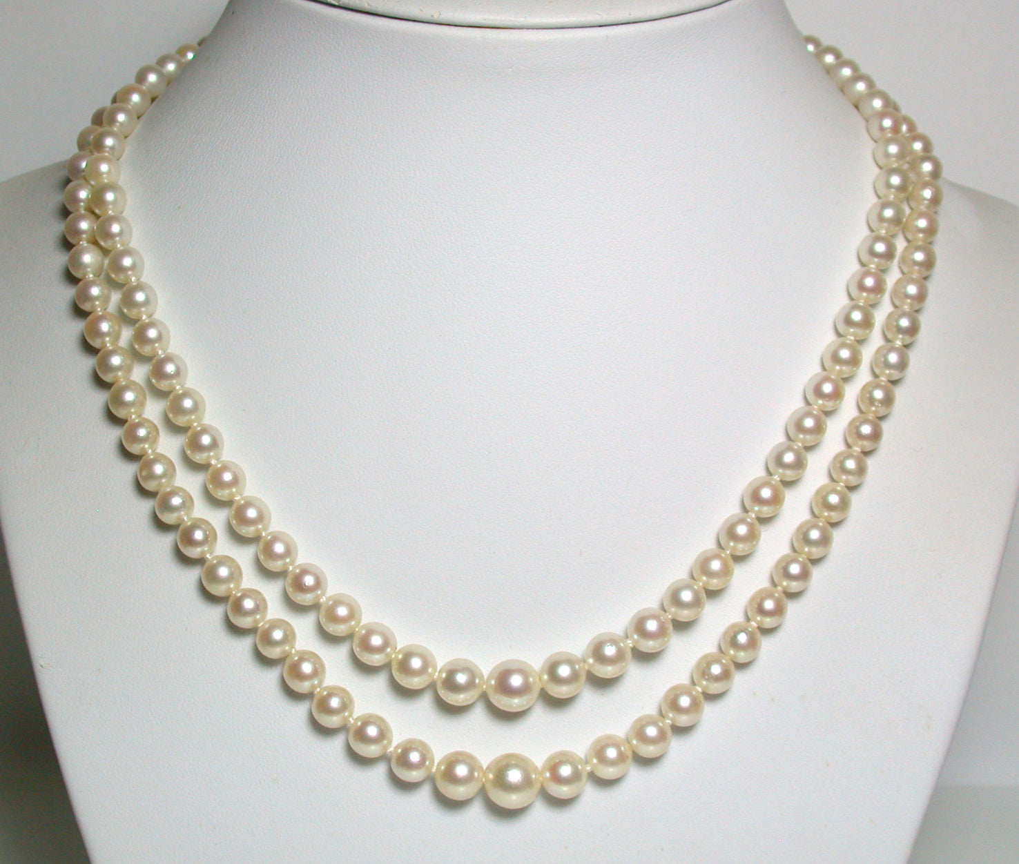 Vintage Double Strand Cultured Pearl Necklace with Diamond 14k Gold Cl
