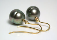 Load image into Gallery viewer, 10x11mm peacock Tahitian pearl &amp; 9ct gold earrings