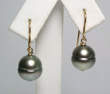 Load image into Gallery viewer, 10x11mm peacock Tahitian pearl &amp; 9ct gold earrings