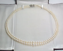 Load image into Gallery viewer, Vintage Mikimoto double strand cultured Akoya pearl &amp; silver necklace in original box