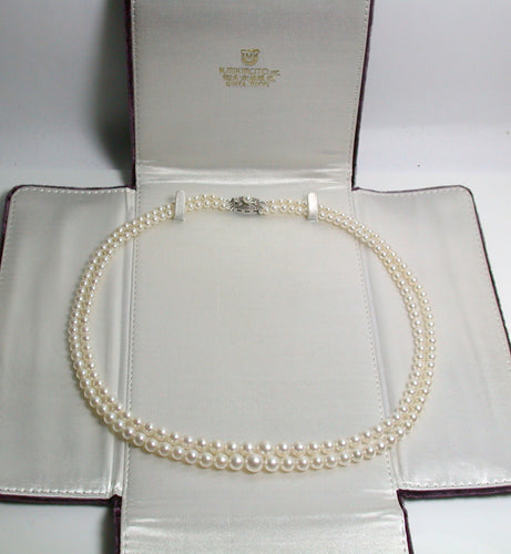 Vintage Mikimoto double strand cultured Akoya pearl & silver necklace in original box
