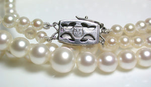 Vintage Mikimoto double strand cultured Akoya pearl & silver necklace in original box