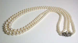 Vintage Mikimoto double strand cultured Akoya pearl & silver necklace in original box