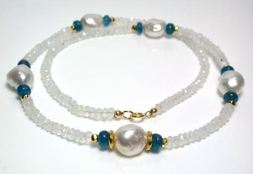 11mm South Sea pearls, apatite, moonstone & gold vermeil necklace