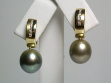 Load image into Gallery viewer, 10x11mm pistachio Tahitian pearl &amp; gold vermeil earrings