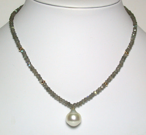 13x15mm South Sea pearl, labradorite & 9ct gold necklace