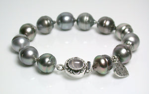 10.5-12mm peacock grey Tahitian pearl & sterling silver bracelet