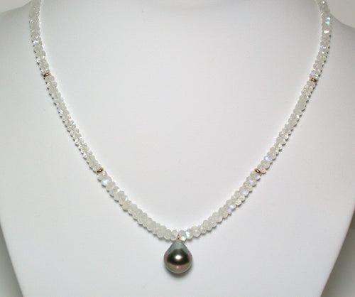 12mm Tahitian pearl, moonstone & 9ct gold necklace